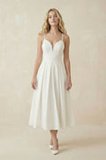 Ivory Satin V - Neck A - Line Midi Wedding Dress - SHE IS ME Wedding Dresses