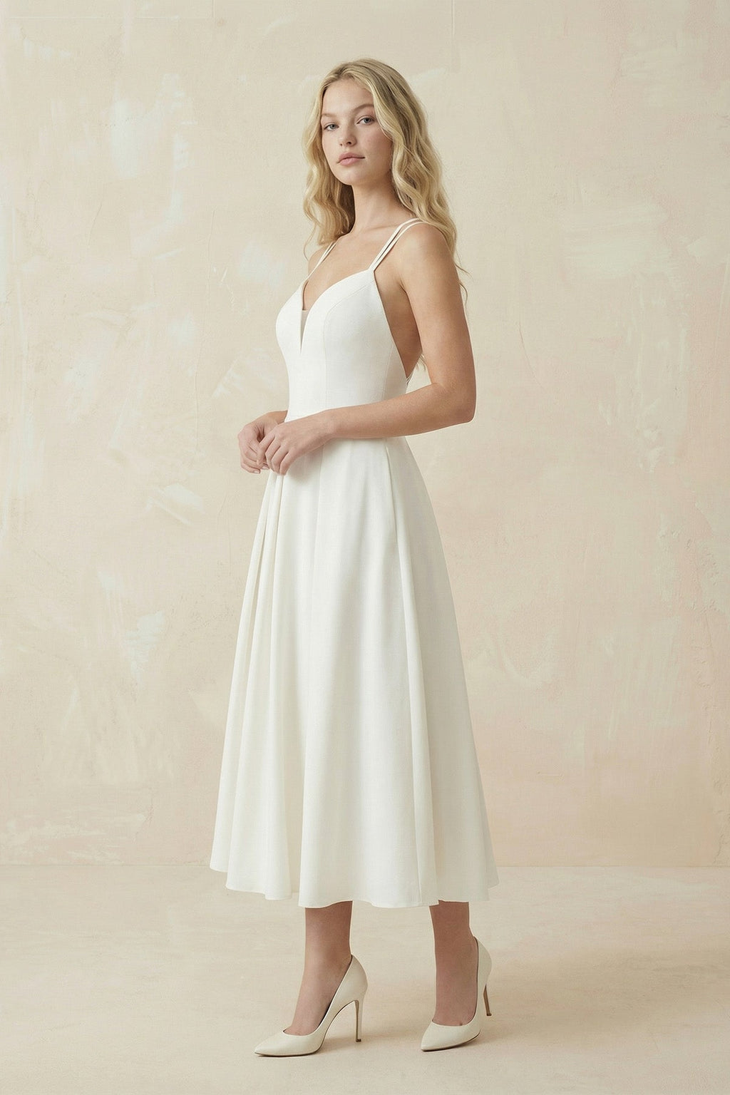 Ivory Satin V - Neck A - Line Midi Wedding Dress - SHE IS ME Wedding Dresses