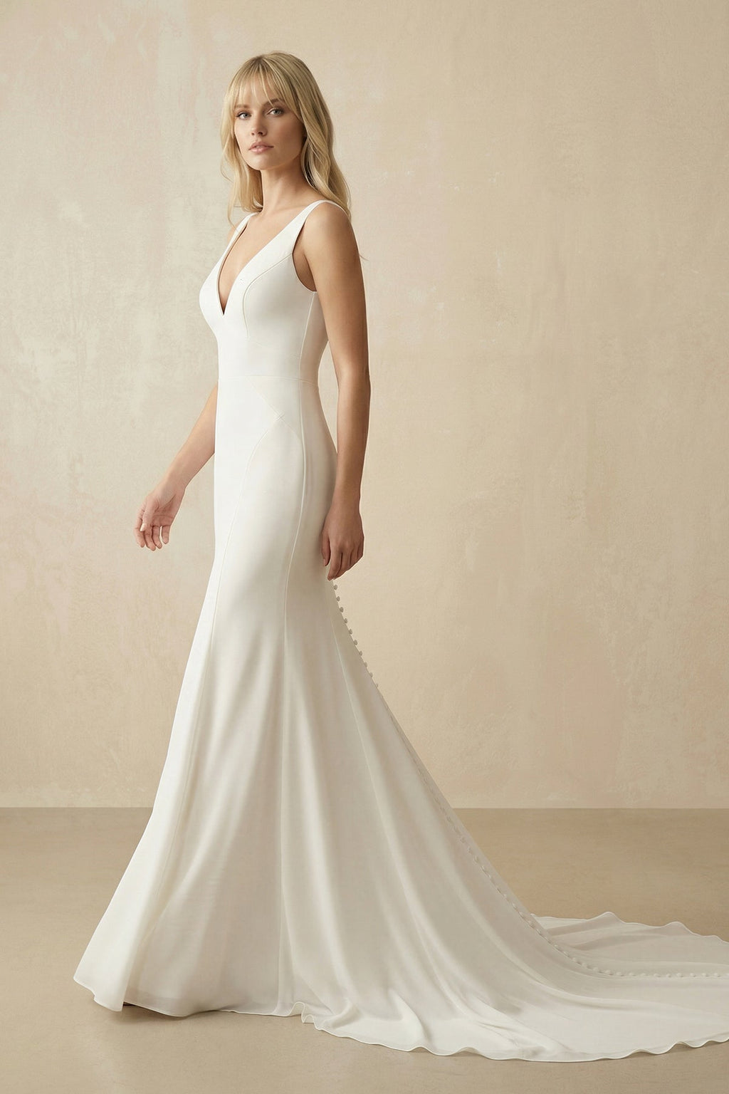 Ivory Satin V - Neck Mermaid Wedding Dress - SHE IS ME Wedding Dresses