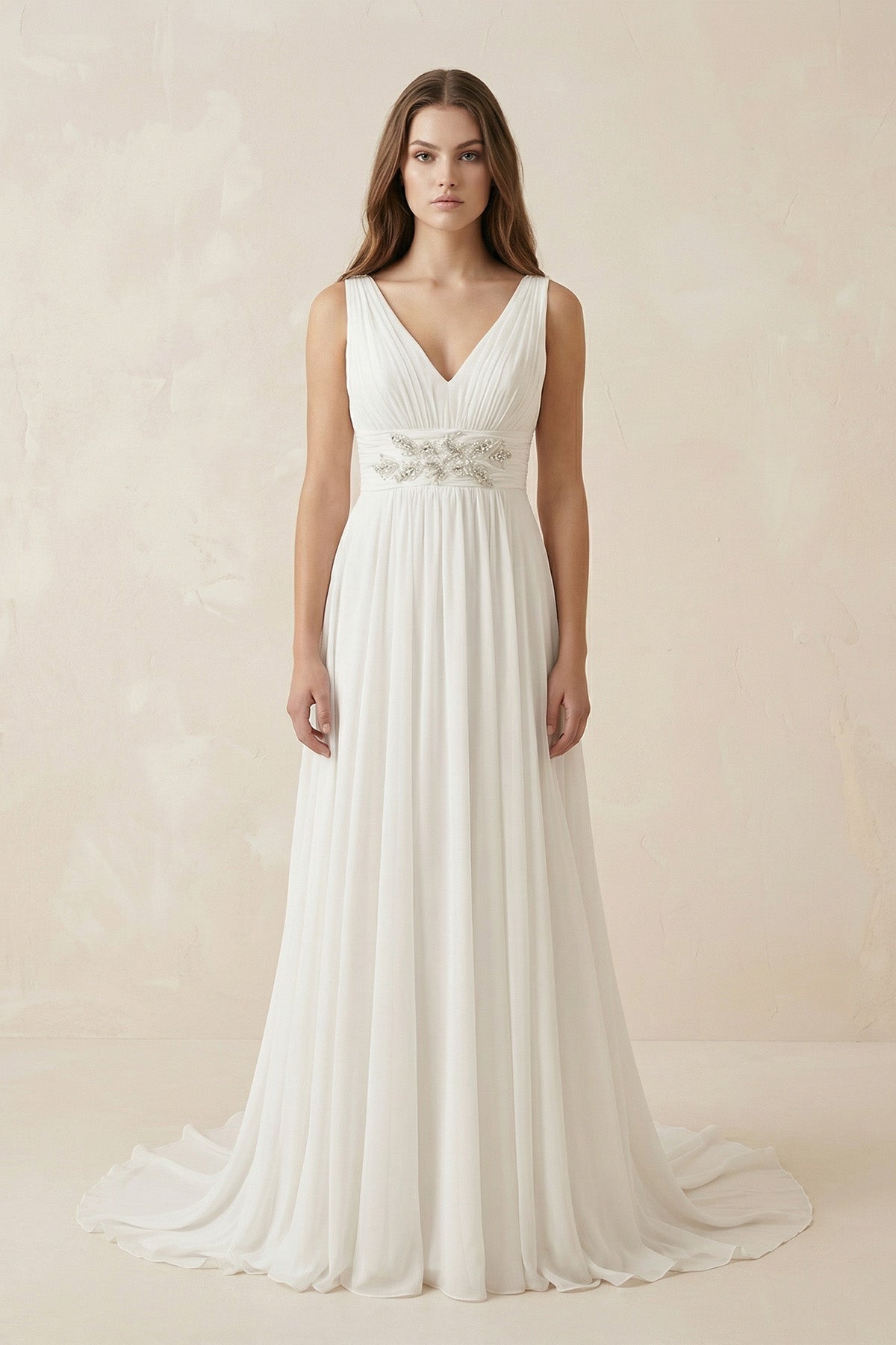 Ivory V - Neck Chiffon A - Line Wedding Dress - SHE IS ME Wedding Dresses