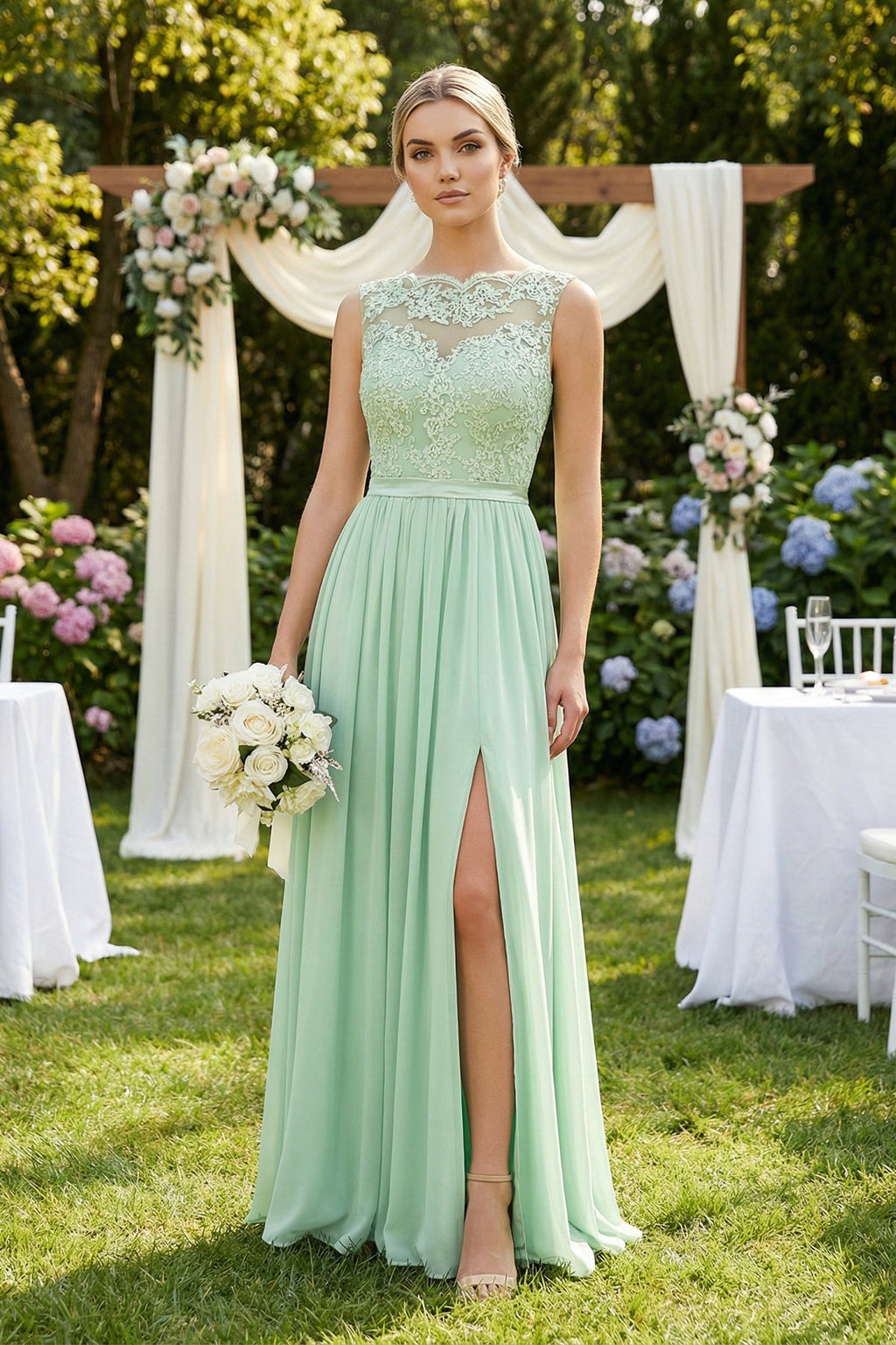 Lace A - Line Bateau Neck Chiffon Long Bridesmaid Dress - SHE IS ME Bridesmaid Dresses