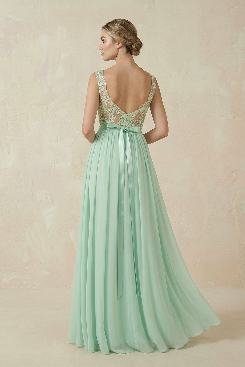 Lace A - Line Bateau Neck Chiffon Long Bridesmaid Dress - SHE IS ME Bridesmaid Dresses