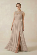 Lace A - Line Bateau Neck Chiffon Long Bridesmaid Dress in Almond - SHE IS ME Bridesmaid Dresses