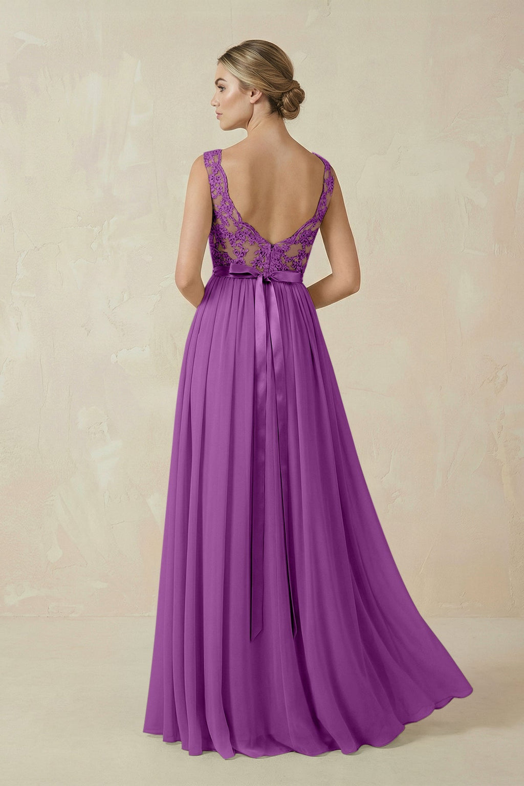 Lace A - Line Bateau Neck Chiffon Long Bridesmaid Dress in Amethyst - SHE IS ME Bridesmaid Dresses