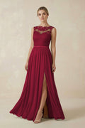 Lace A - Line Bateau Neck Chiffon Long Bridesmaid Dress in Berry - SHE IS ME Bridesmaid Dresses