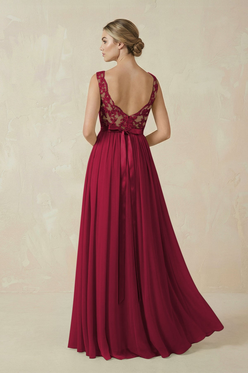 Lace A - Line Bateau Neck Chiffon Long Bridesmaid Dress in Berry - SHE IS ME Bridesmaid Dresses