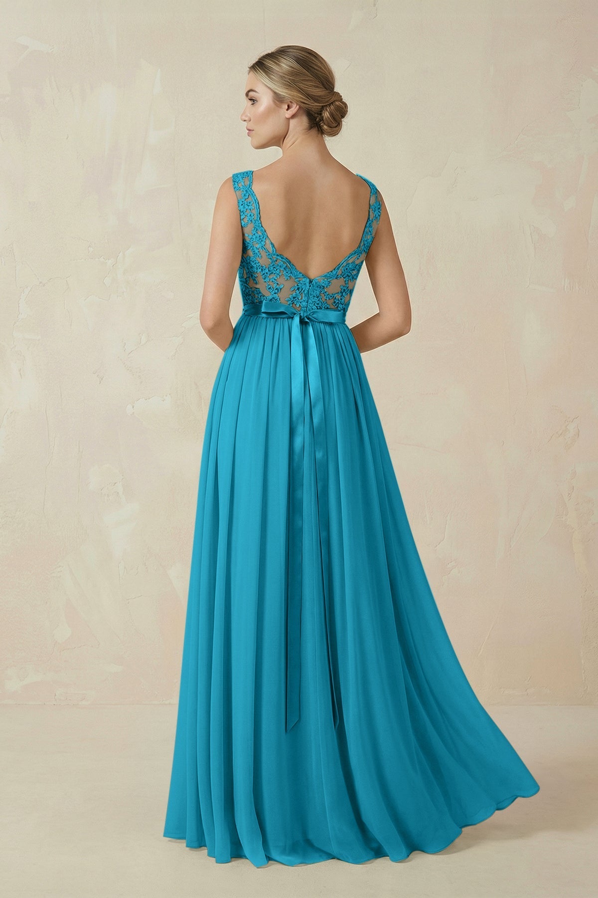 Lace A - Line Bateau Neck Chiffon Long Bridesmaid Dress in Blue Jay - SHE IS ME Bridesmaid Dresses