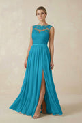 Lace A - Line Bateau Neck Chiffon Long Bridesmaid Dress in Blue Jay - SHE IS ME Bridesmaid Dresses