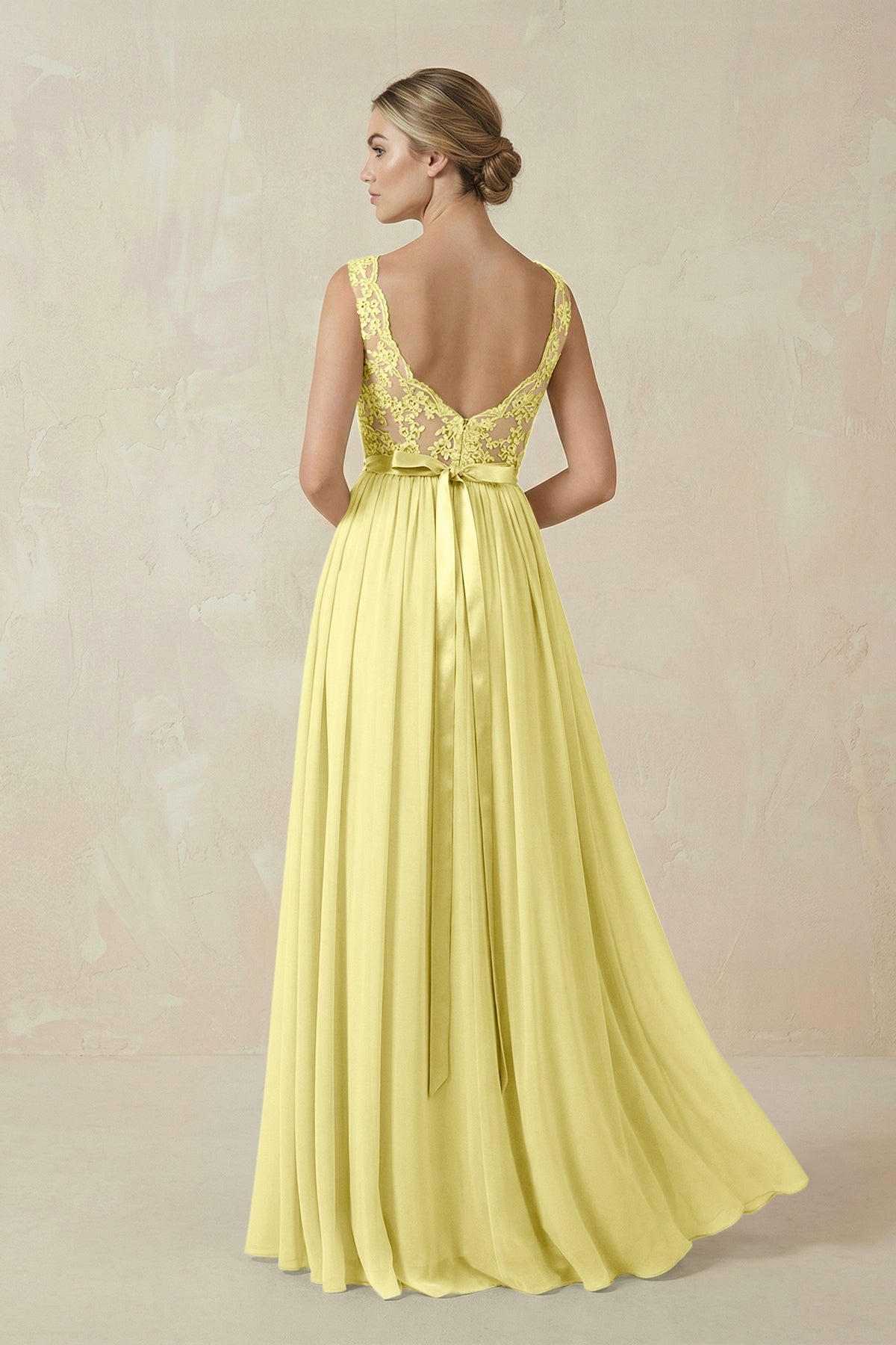 Lace A - Line Bateau Neck Chiffon Long Bridesmaid Dress in Buttercup - SHE IS ME Bridesmaid Dresses