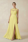 Lace A - Line Bateau Neck Chiffon Long Bridesmaid Dress in Buttercup - SHE IS ME Bridesmaid Dresses