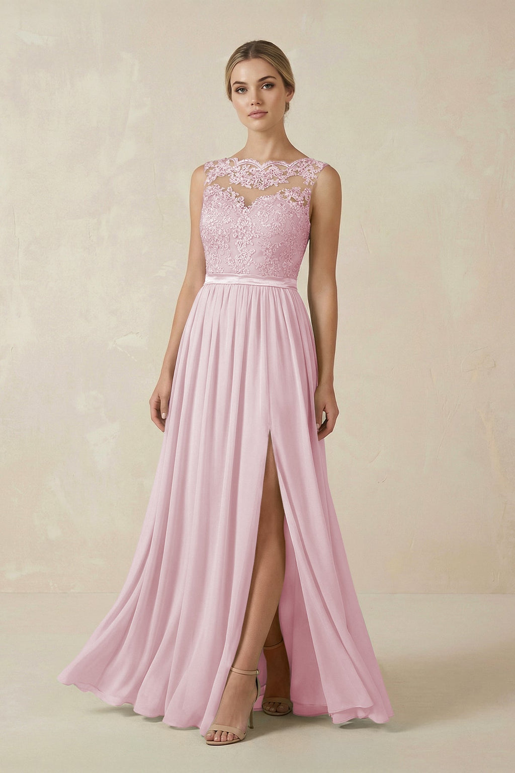 Lace A - Line Bateau Neck Chiffon Long Bridesmaid Dress in Candy Pink - SHE IS ME Bridesmaid Dresses