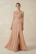 Lace A - Line Bateau Neck Chiffon Long Bridesmaid Dress in Champagne Rose - SHE IS ME Bridesmaid Dresses