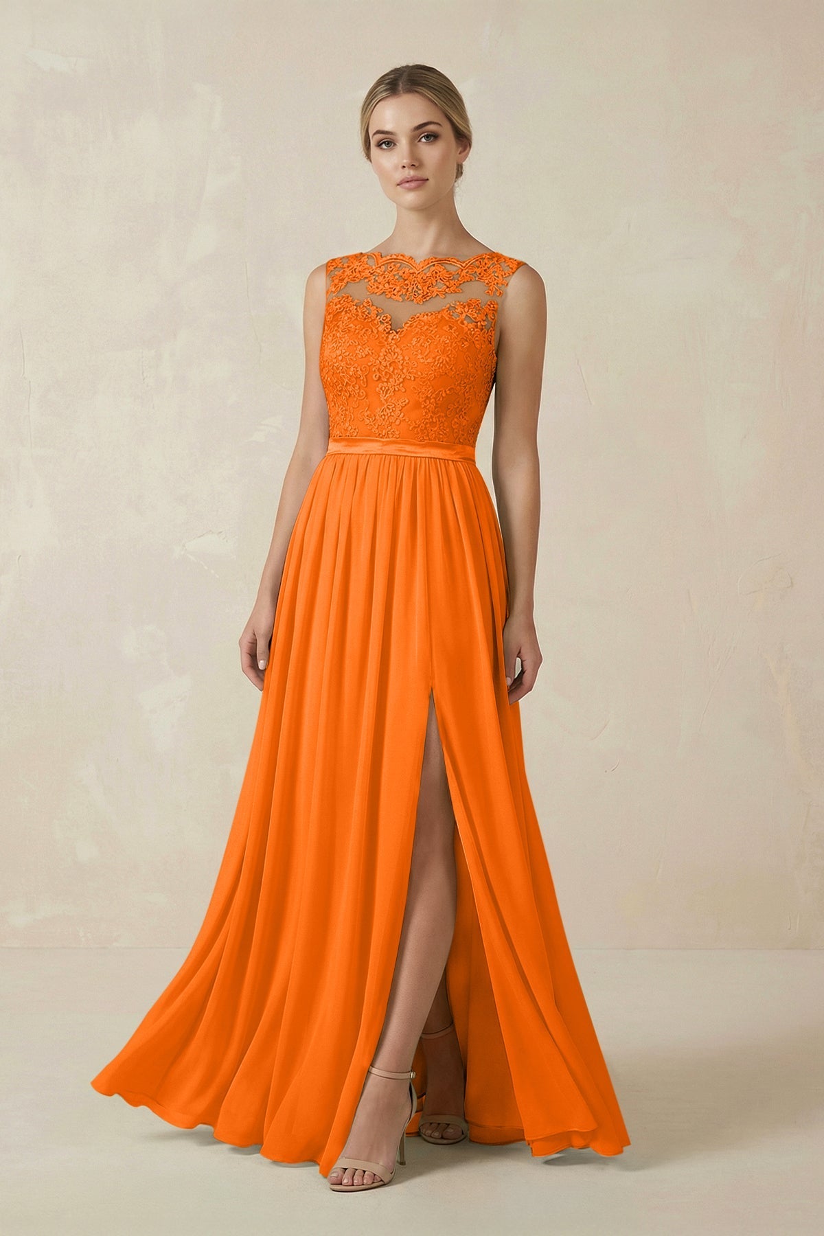 Lace A - Line Bateau Neck Chiffon Long Bridesmaid Dress in Cinnamon - SHE IS ME Bridesmaid Dresses