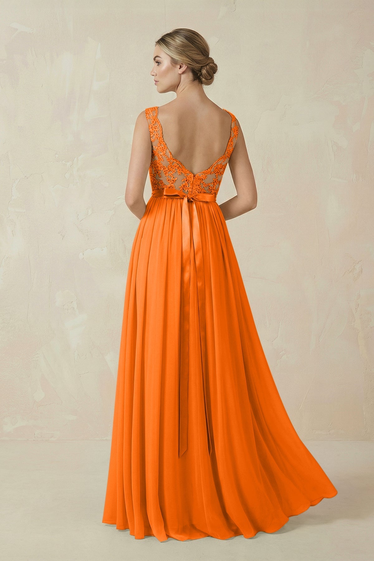 Lace A - Line Bateau Neck Chiffon Long Bridesmaid Dress in Cinnamon - SHE IS ME Bridesmaid Dresses