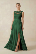 Lace A - Line Bateau Neck Chiffon Long Bridesmaid Dress in Dark Green - SHE IS ME Bridesmaid Dresses