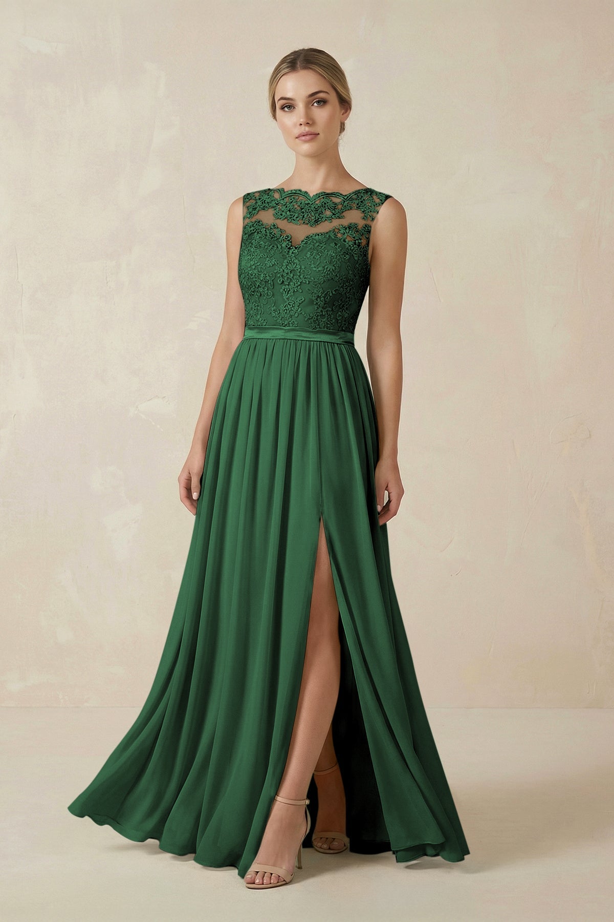 Lace A - Line Bateau Neck Chiffon Long Bridesmaid Dress in Dark Green - SHE IS ME Bridesmaid Dresses