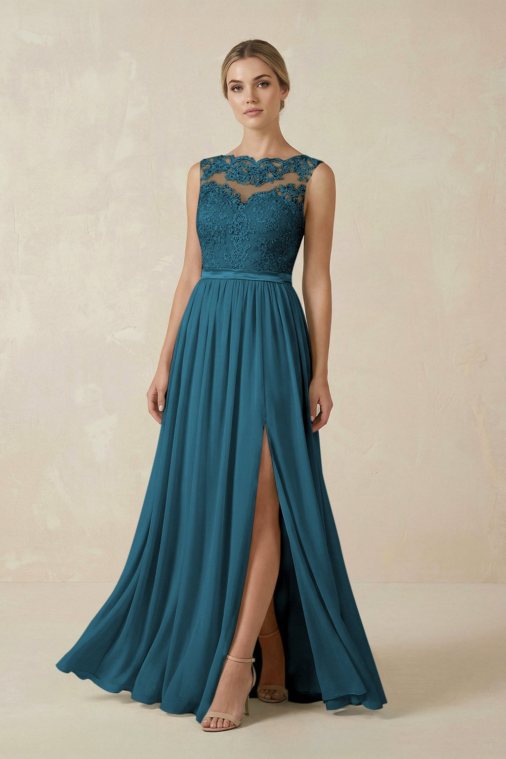 Lace A - Line Bateau Neck Chiffon Long Bridesmaid Dress in Dark Teal - SHE IS ME Bridesmaid Dresses