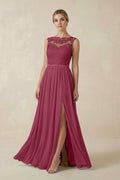 Lace A - Line Bateau Neck Chiffon Long Bridesmaid Dress in Desert Rose - SHE IS ME Bridesmaid Dresses