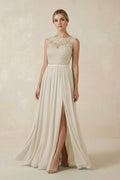 Lace A - Line Bateau Neck Chiffon Long Bridesmaid Dress in Dove Gray - SHE IS ME Bridesmaid Dresses