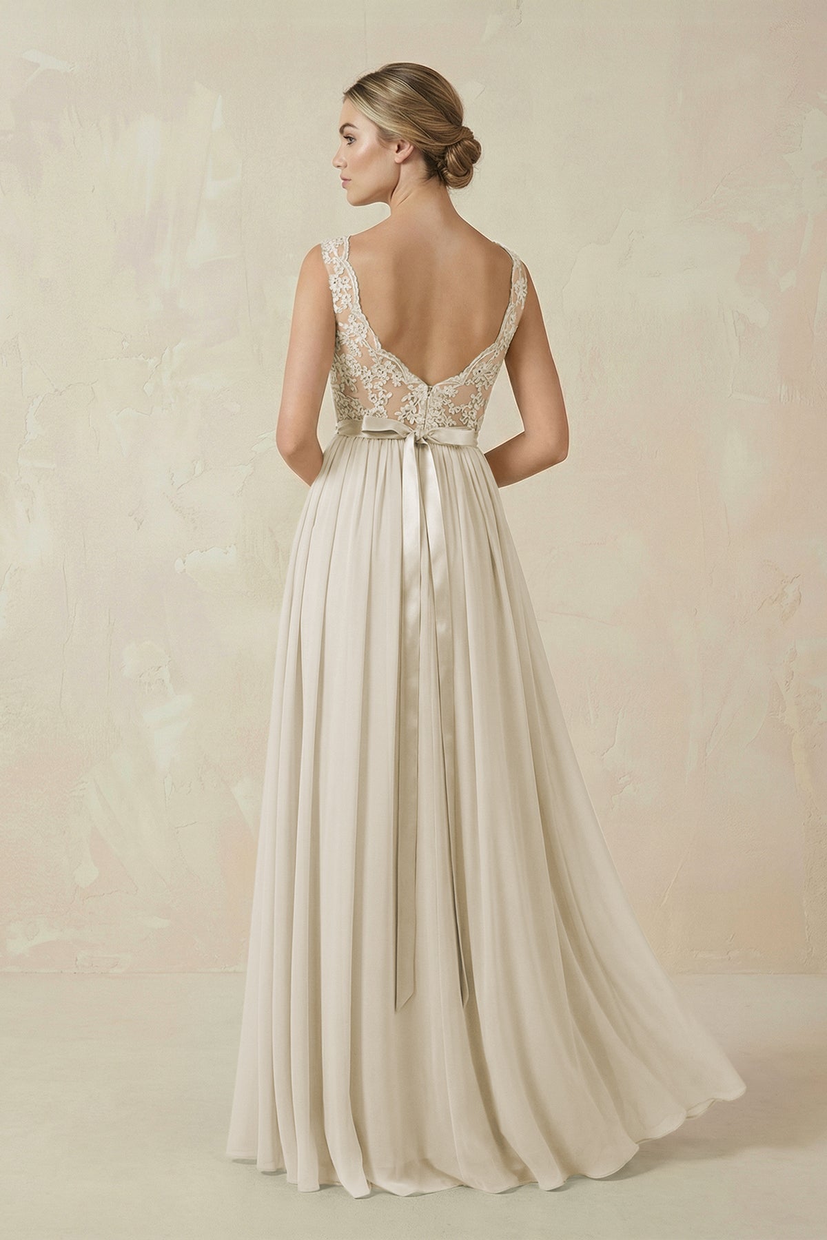 Lace A - Line Bateau Neck Chiffon Long Bridesmaid Dress in Dove Gray - SHE IS ME Bridesmaid Dresses