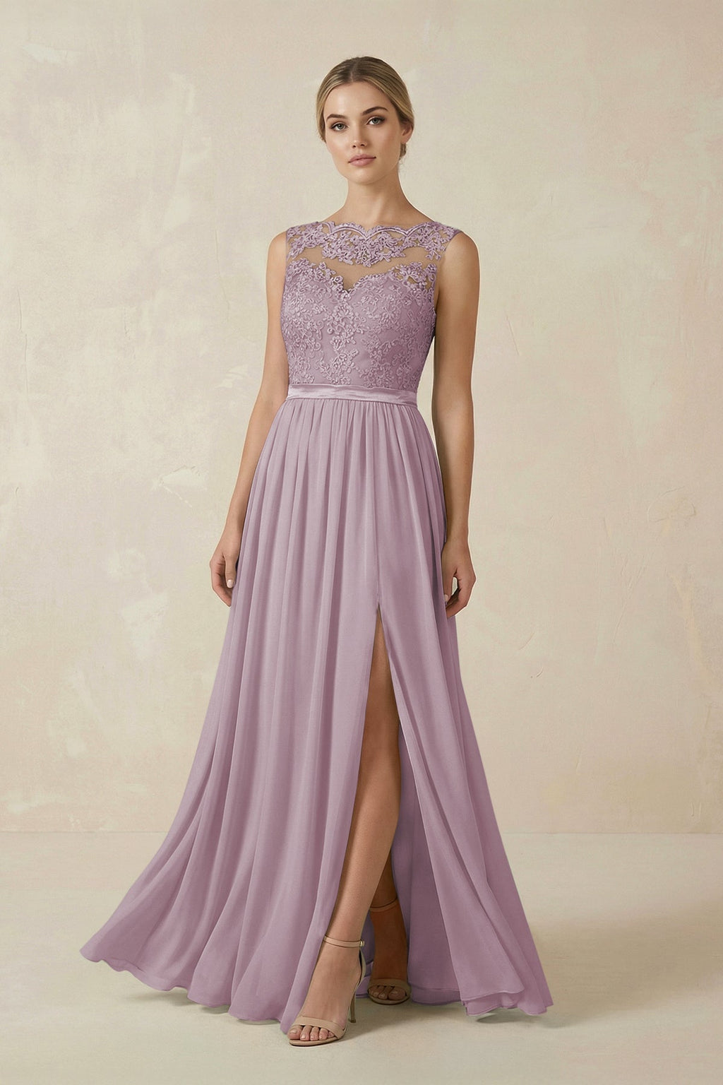 Lace A - Line Bateau Neck Chiffon Long Bridesmaid Dress in Dusk - SHE IS ME Bridesmaid Dresses