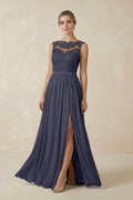 Lace A - Line Bateau Neck Chiffon Long Bridesmaid Dress in Dusk Blue - SHE IS ME Bridesmaid Dresses