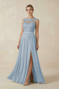 Lace A - Line Bateau Neck Chiffon Long Bridesmaid Dress in Dusty Blue - SHE IS ME Bridesmaid Dresses