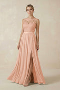 Lace A - Line Bateau Neck Chiffon Long Bridesmaid Dress in English Rose - SHE IS ME Bridesmaid Dresses