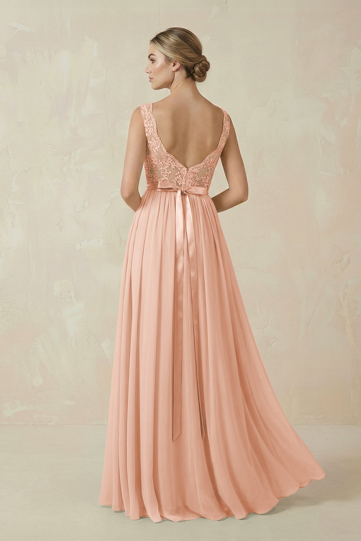 Lace A - Line Bateau Neck Chiffon Long Bridesmaid Dress in English Rose - SHE IS ME Bridesmaid Dresses