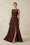 Lace A - Line Bateau Neck Chiffon Long Bridesmaid Dress in Espresso - SHE IS ME Bridesmaid Dresses