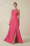 Lace A - Line Bateau Neck Chiffon Long Bridesmaid Dress in Fuchsia - SHE IS ME Bridesmaid Dresses