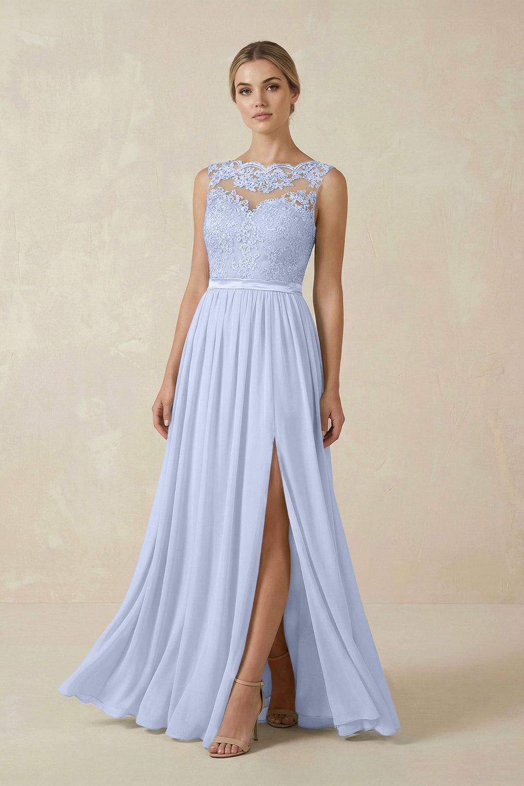 Lace A - Line Bateau Neck Chiffon Long Bridesmaid Dress in Ice - SHE IS ME Bridesmaid Dresses