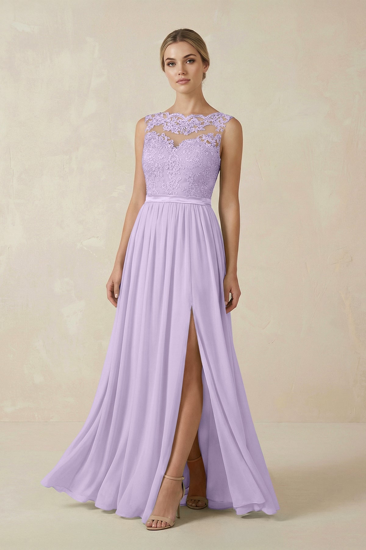 Lace A - Line Bateau Neck Chiffon Long Bridesmaid Dress in Lavender - SHE IS ME Bridesmaid Dresses
