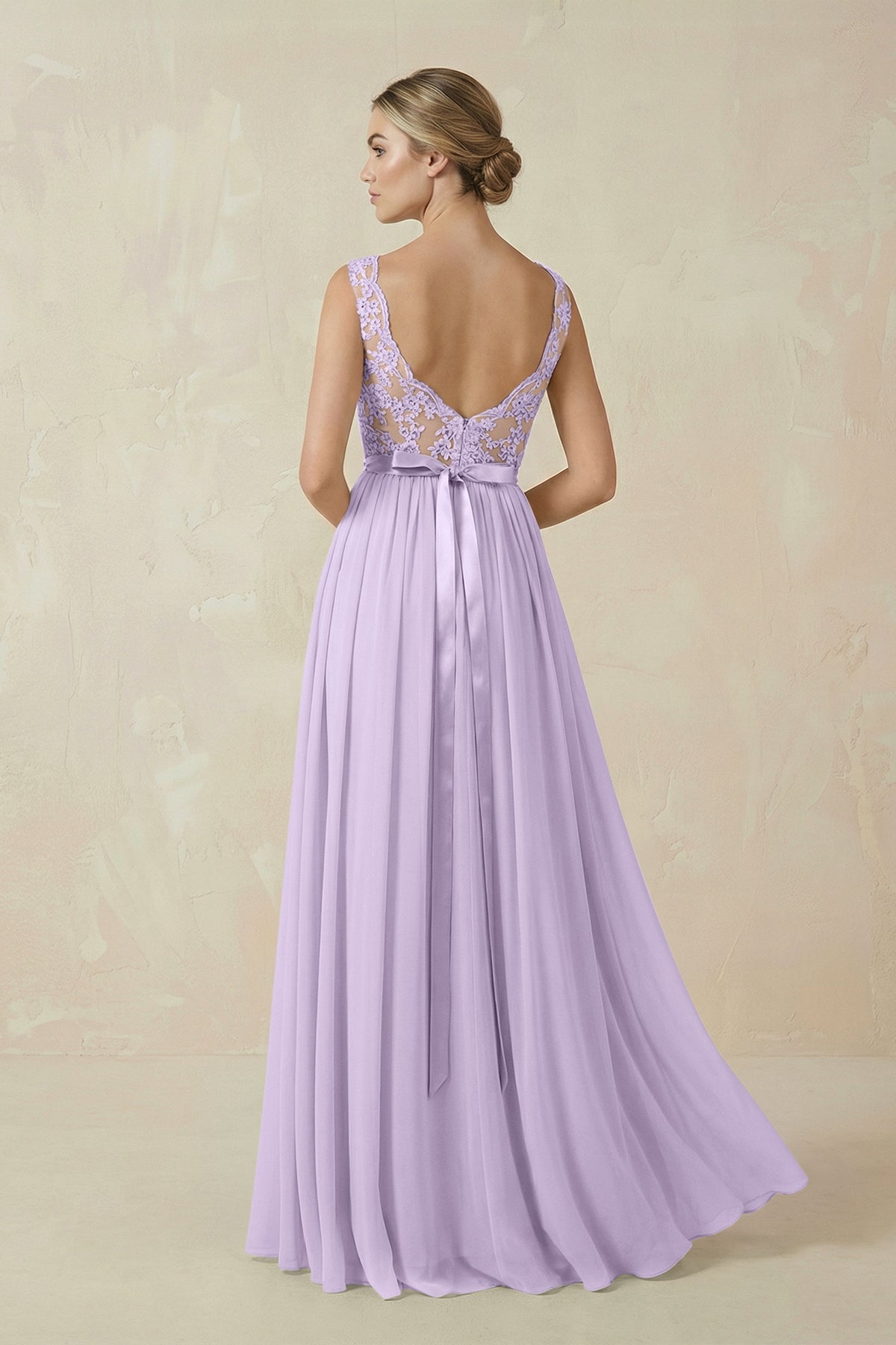 Lace A - Line Bateau Neck Chiffon Long Bridesmaid Dress in Lavender - SHE IS ME Bridesmaid Dresses