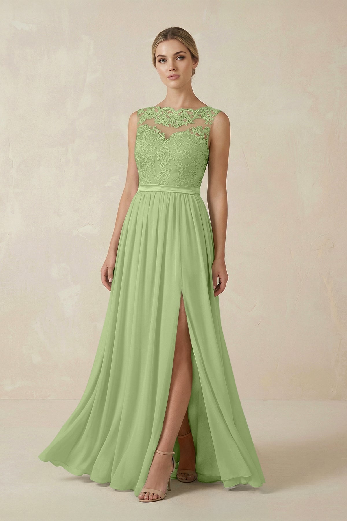 Lace A - Line Bateau Neck Chiffon Long Bridesmaid Dress in Matcha - SHE IS ME Bridesmaid Dresses