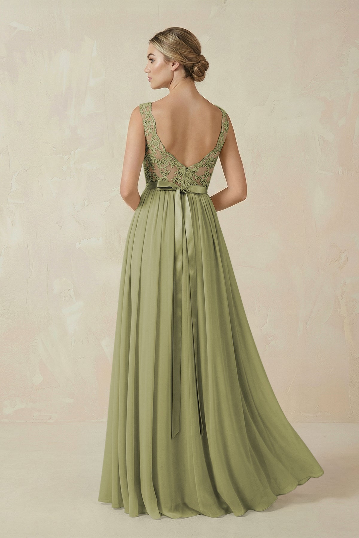 Lace A - Line Bateau Neck Chiffon Long Bridesmaid Dress in Moss Green - SHE IS ME Bridesmaid Dresses