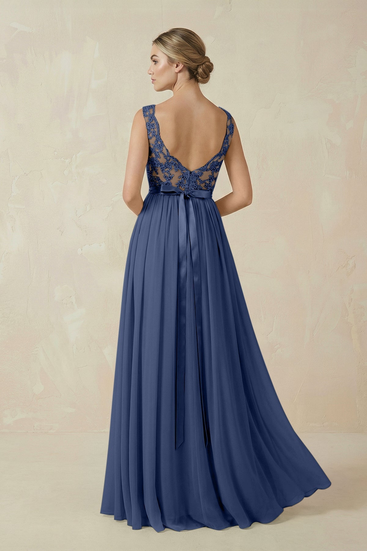 Lace A - Line Bateau Neck Chiffon Long Bridesmaid Dress in Navy - SHE IS ME Bridesmaid Dresses