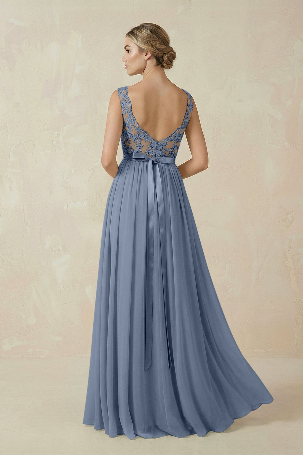 Lace A - Line Bateau Neck Chiffon Long Bridesmaid Dress in Neptune - SHE IS ME Bridesmaid Dresses