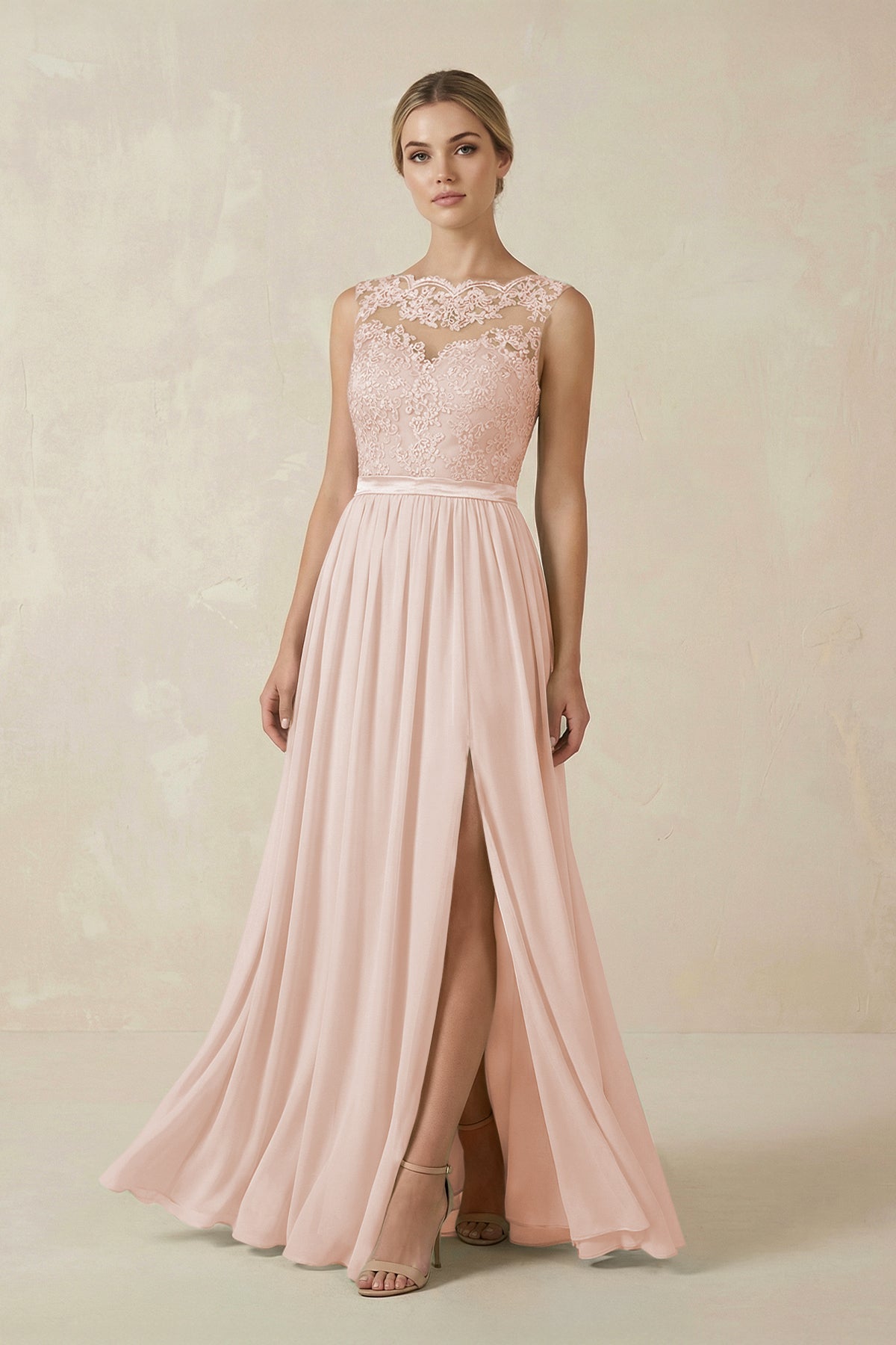 Lace A - Line Bateau Neck Chiffon Long Bridesmaid Dress in Pale Blush - SHE IS ME Bridesmaid Dresses