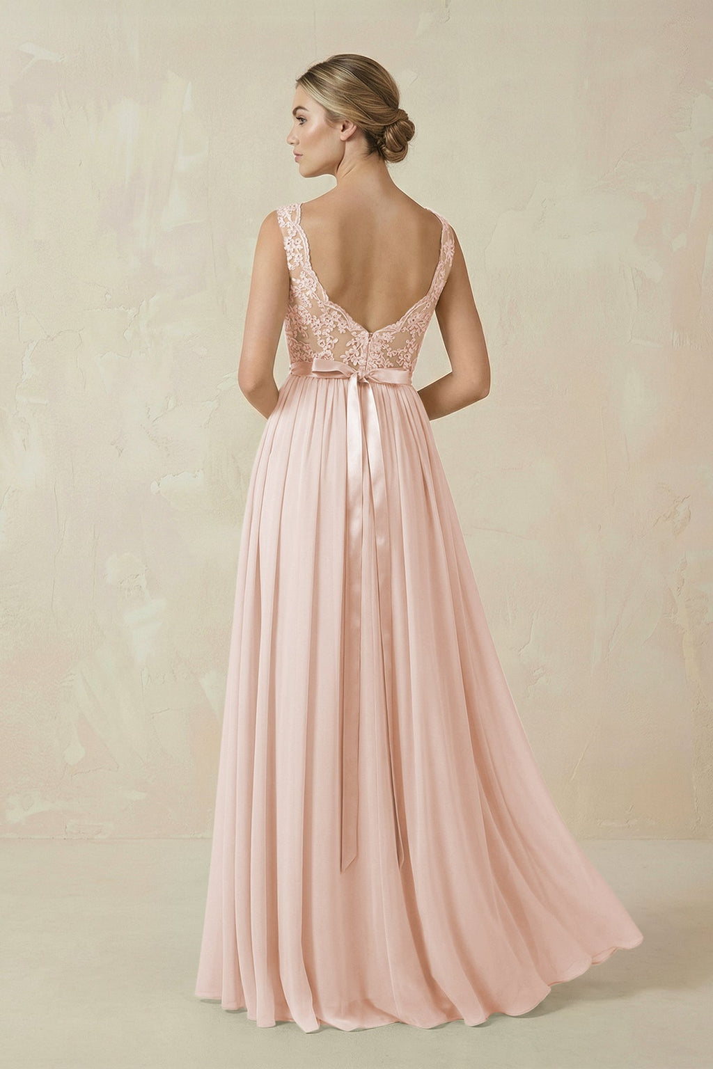 Lace A - Line Bateau Neck Chiffon Long Bridesmaid Dress in Pale Blush - SHE IS ME Bridesmaid Dresses