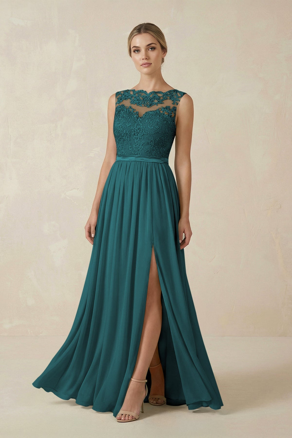 Lace A - Line Bateau Neck Chiffon Long Bridesmaid Dress in Pine - SHE IS ME Bridesmaid Dresses