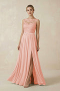 Lace A - Line Bateau Neck Chiffon Long Bridesmaid Dress in Rose Petal - SHE IS ME Bridesmaid Dresses