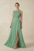 Lace A - Line Bateau Neck Chiffon Long Bridesmaid Dress in Sea Glass - SHE IS ME Bridesmaid Dresses