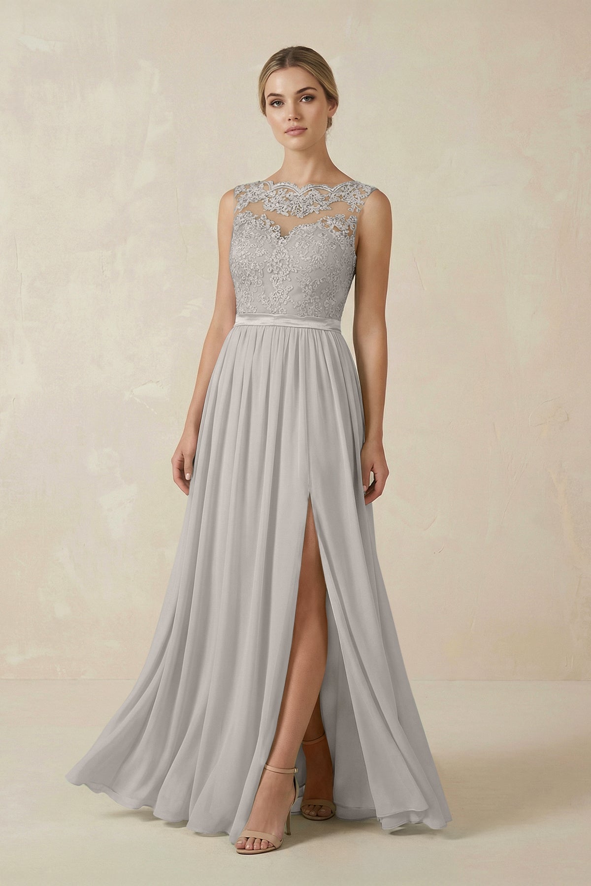 Lace A - Line Bateau Neck Chiffon Long Bridesmaid Dress in Silver - SHE IS ME Bridesmaid Dresses