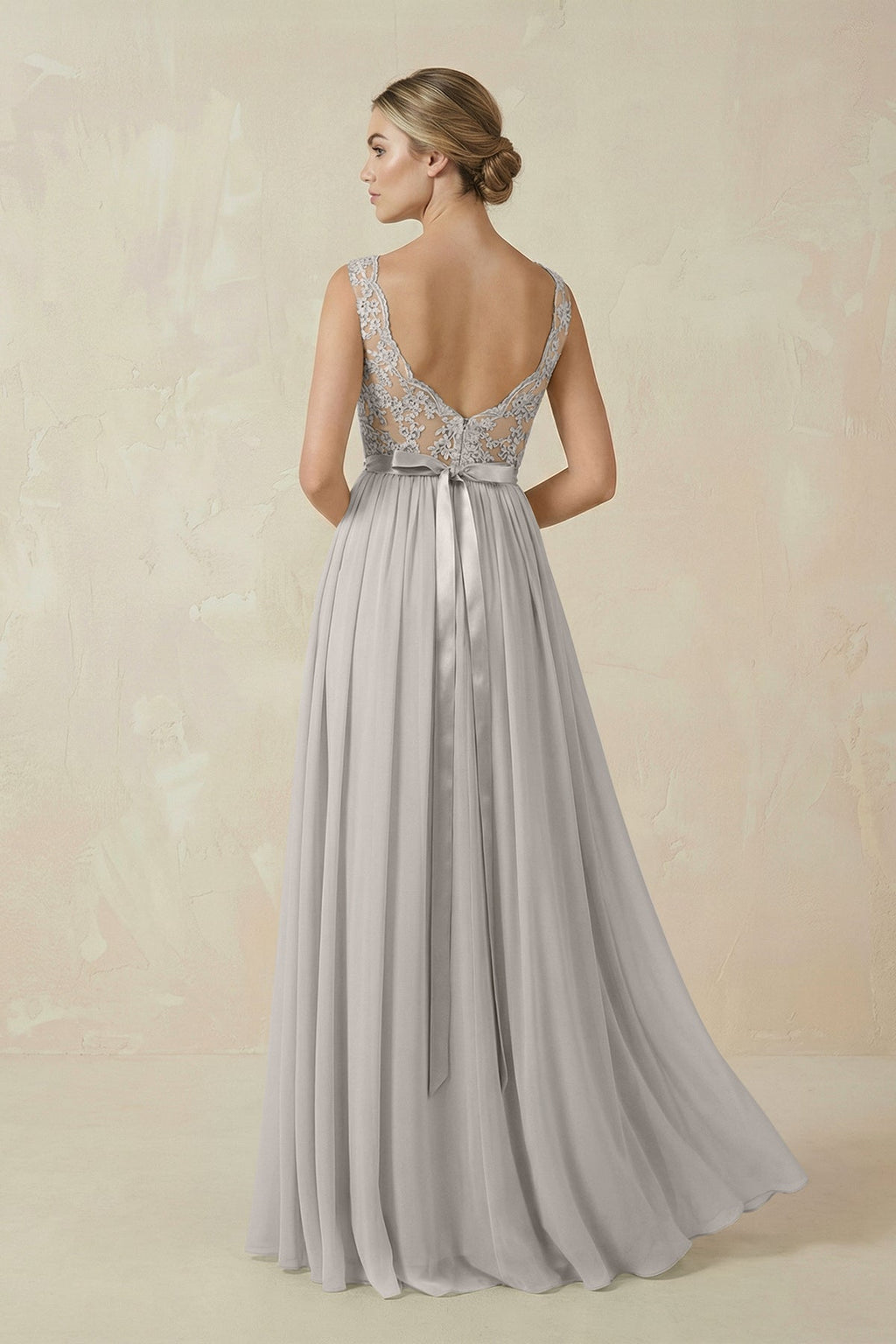 Lace A - Line Bateau Neck Chiffon Long Bridesmaid Dress in Silver - SHE IS ME Bridesmaid Dresses