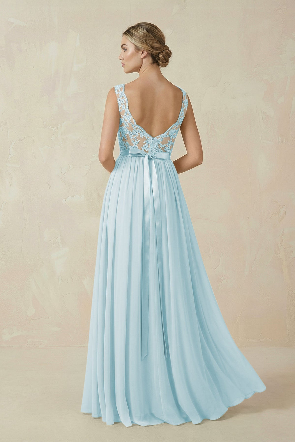 Lace A - Line Bateau Neck Chiffon Long Bridesmaid Dress in Sky Blue - SHE IS ME Bridesmaid Dresses
