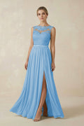 Lace A - Line Bateau Neck Chiffon Long Bridesmaid Dress in Steel Blue - SHE IS ME Bridesmaid Dresses