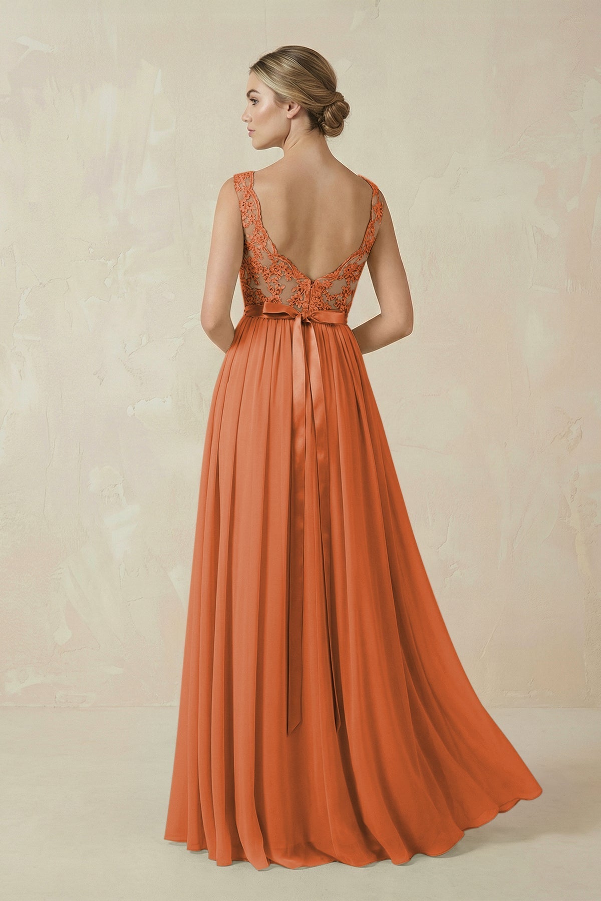 Lace A - Line Bateau Neck Chiffon Long Bridesmaid Dress in Terracotta - SHE IS ME Bridesmaid Dresses