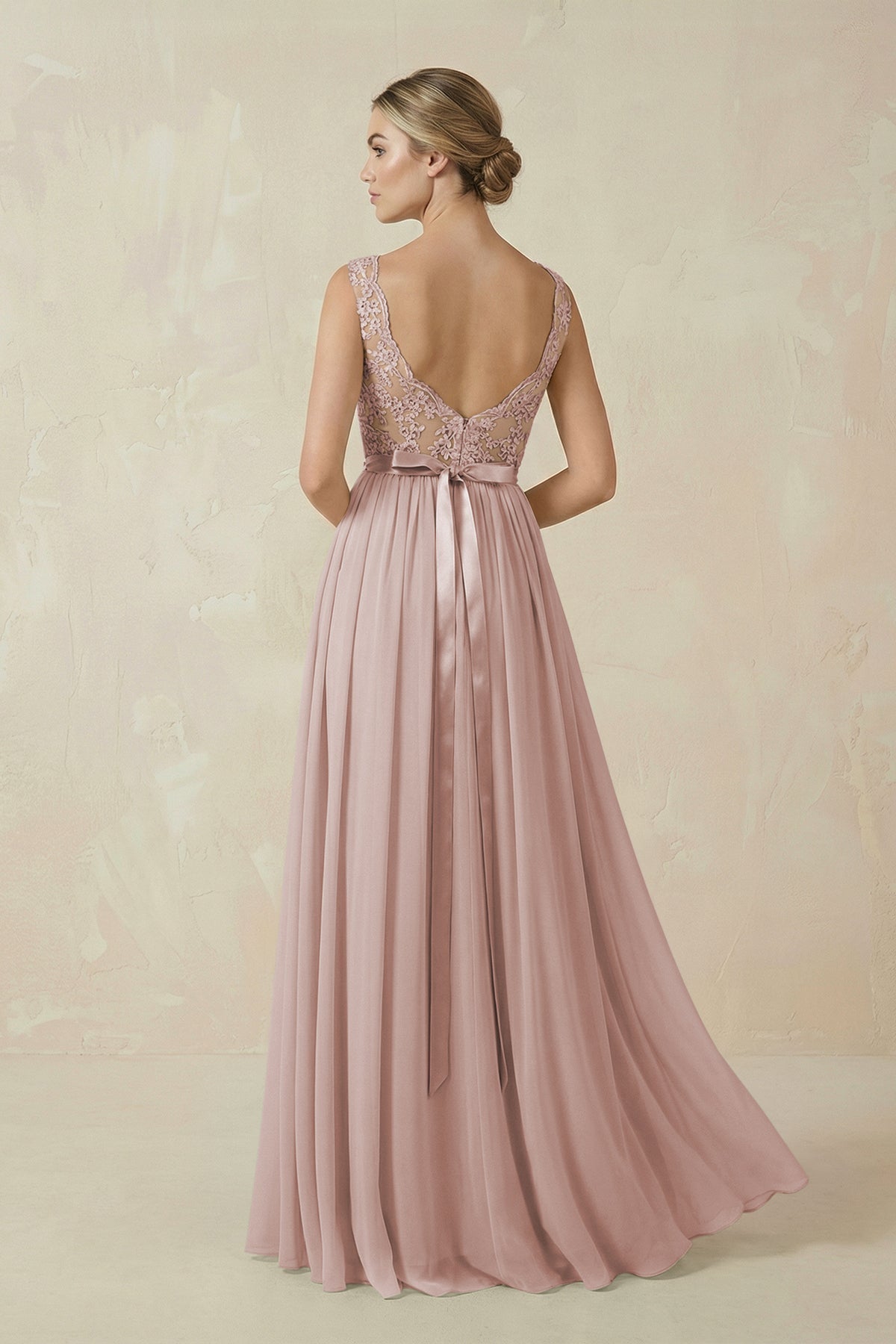 Lace A - Line Bateau Neck Chiffon Long Bridesmaid Dress in Toffee - SHE IS ME Bridesmaid Dresses