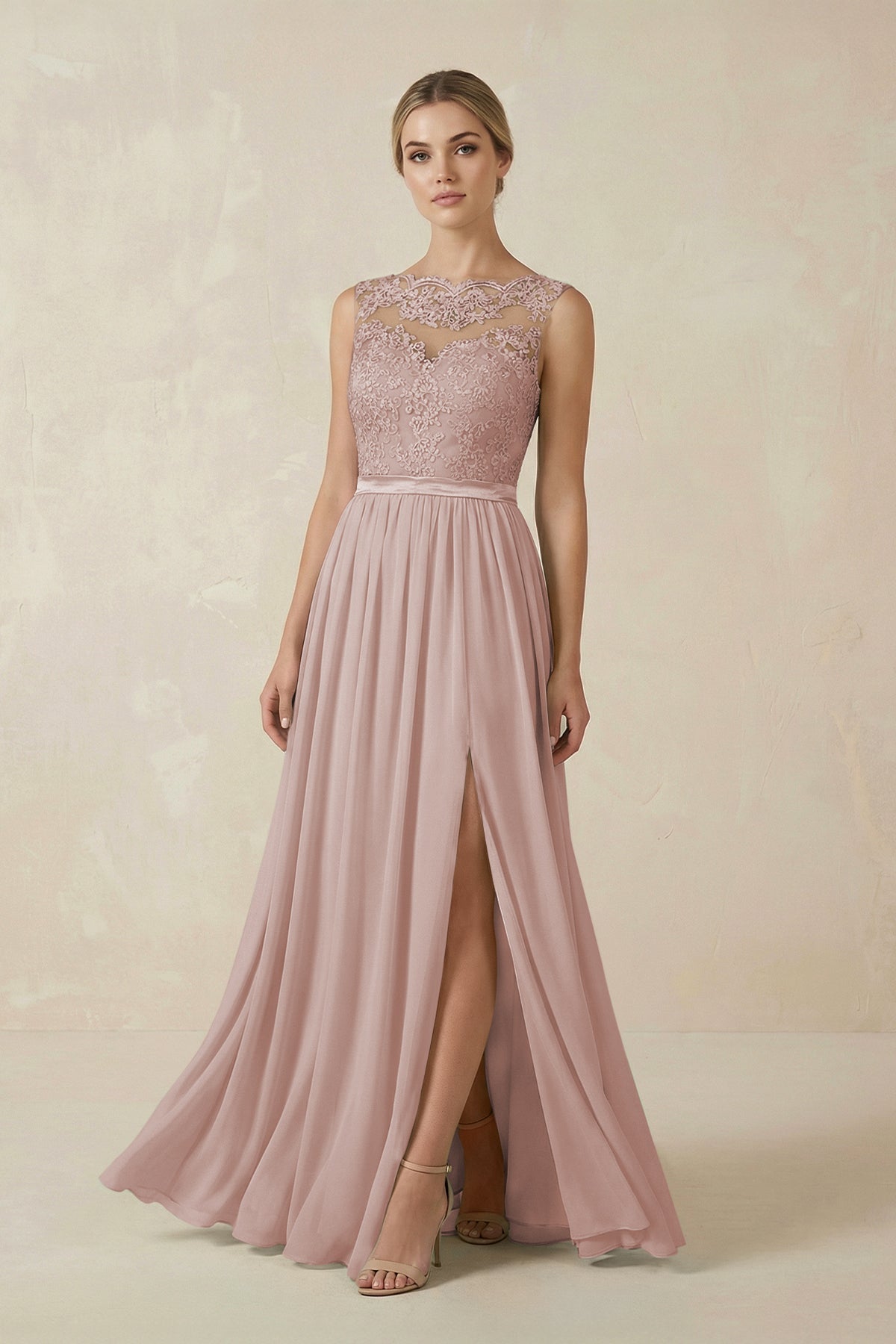 Lace A - Line Bateau Neck Chiffon Long Bridesmaid Dress in Toffee - SHE IS ME Bridesmaid Dresses
